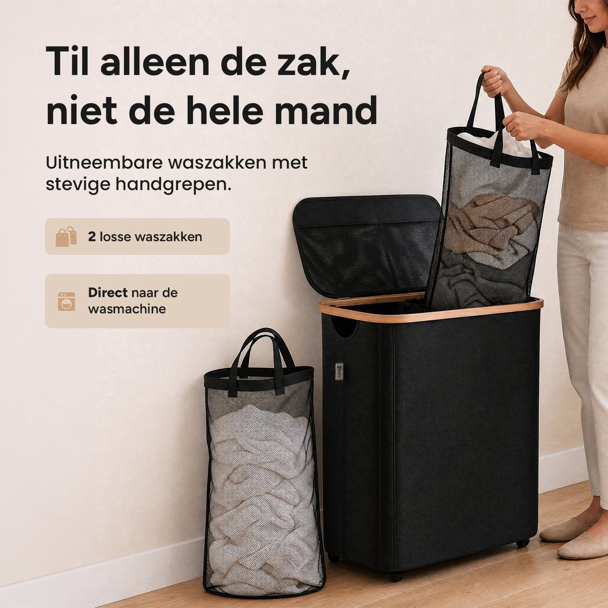 Wasmand 2 Vakken op wielen - 140L Zwart