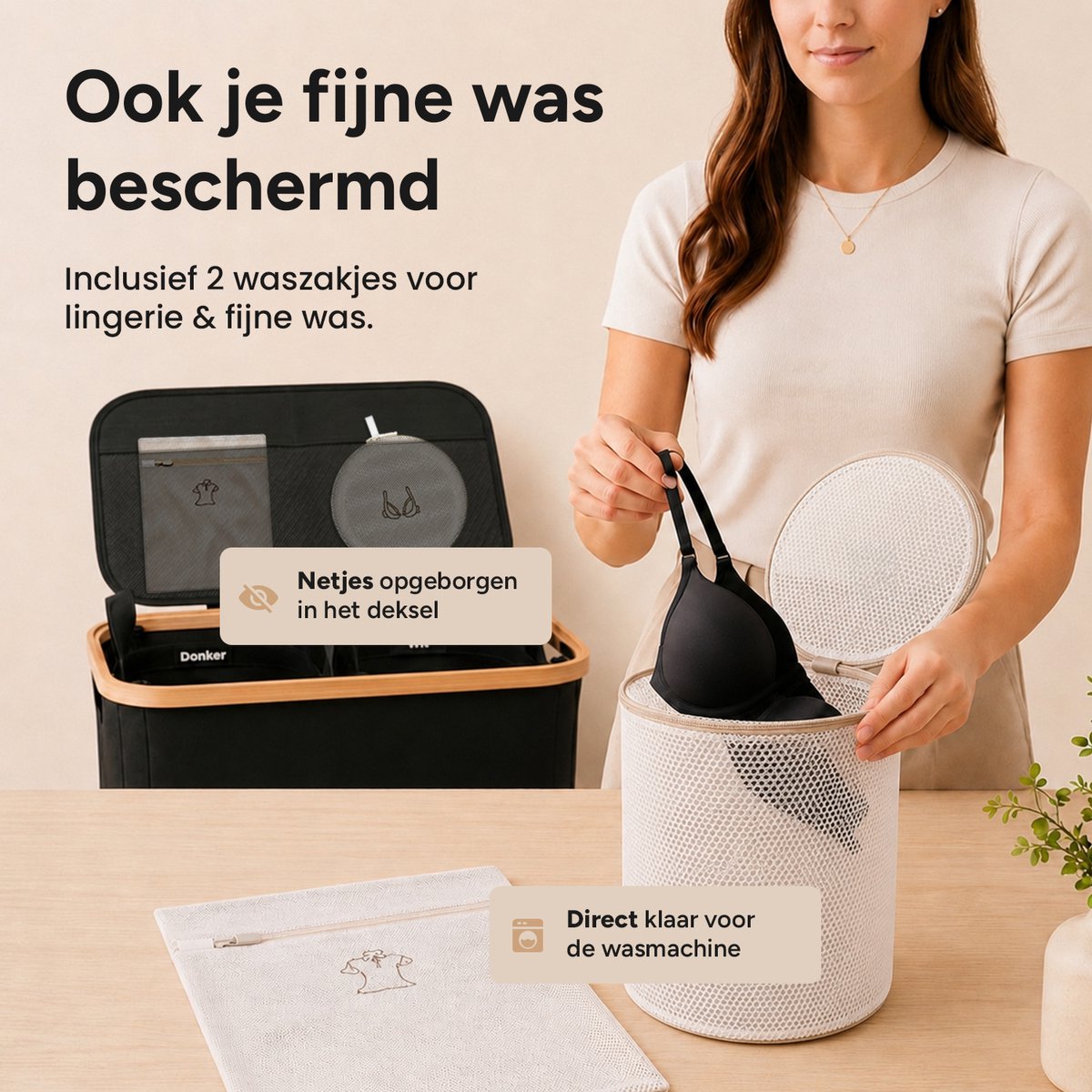 Wasmand 2 Vakken op wielen - 140L Zwart