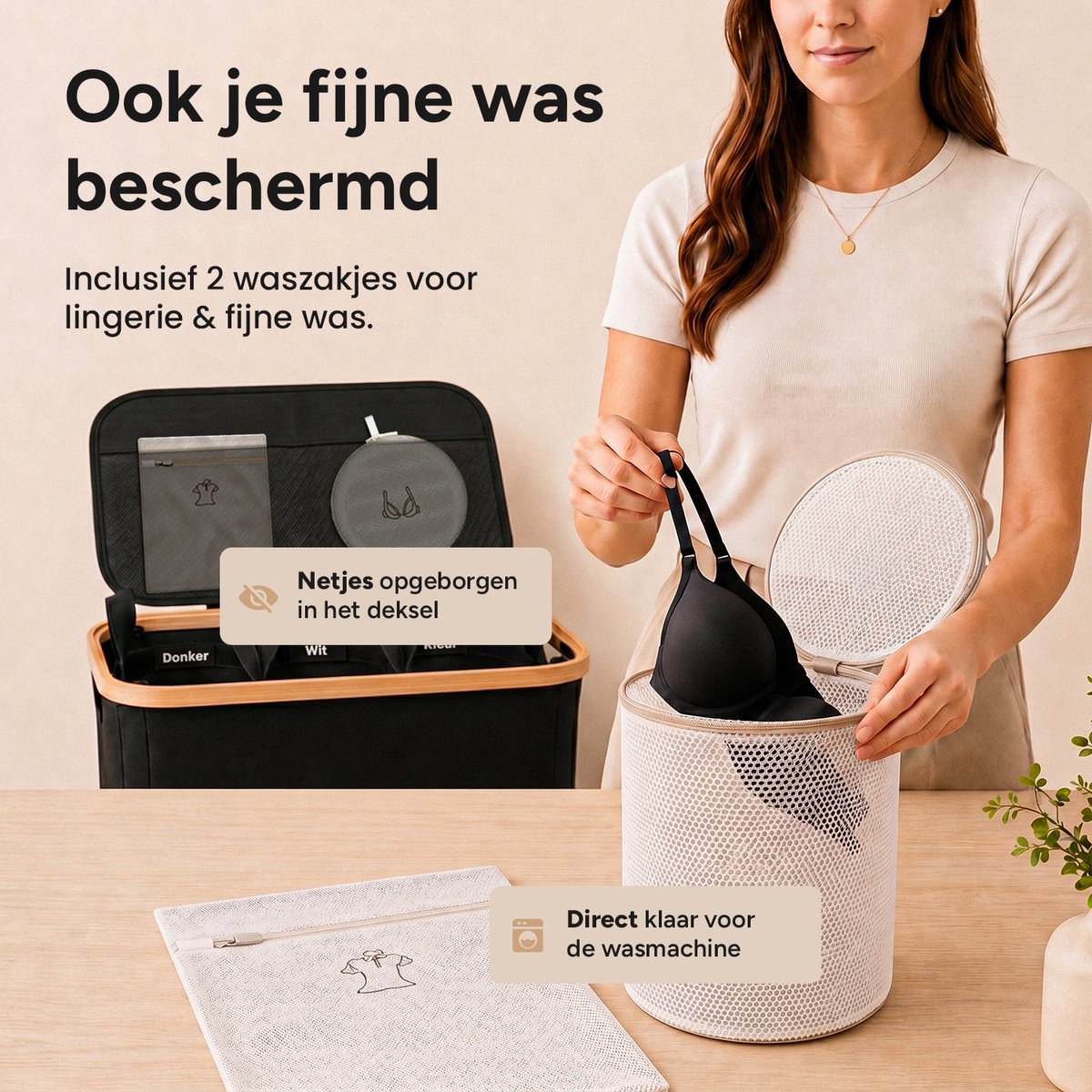 Wasmand 3 vakken op wielen - 160L Zwart