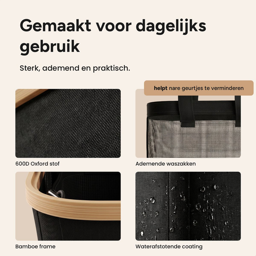Wasmand 2 Vakken op wielen - 140L Zwart