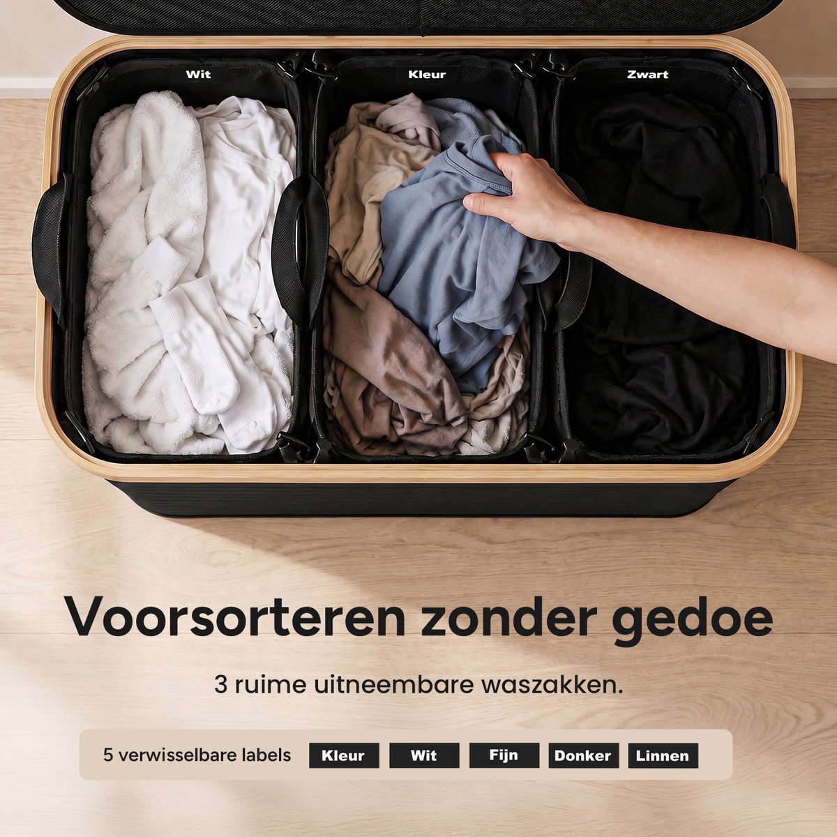 Wasmand 3 vakken op wielen - 160L Zwart