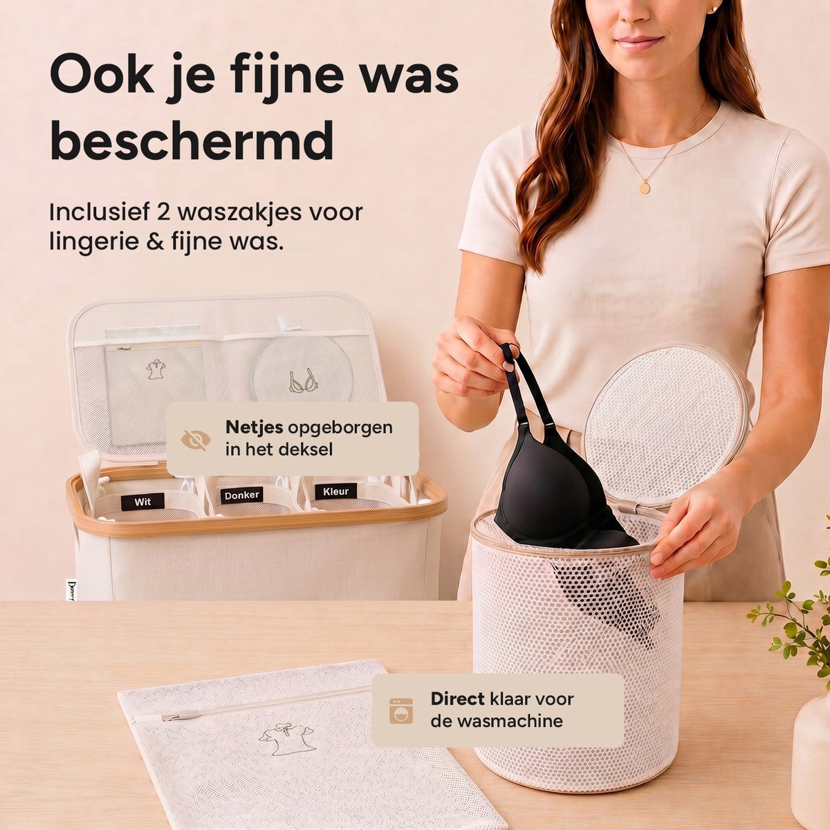 Wasmand 3 vakken op wielen - 160L Beige
