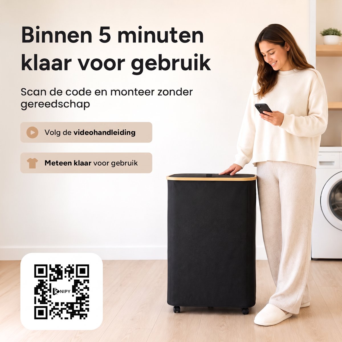 Wasmand 2 Vakken op wielen - 140L Zwart