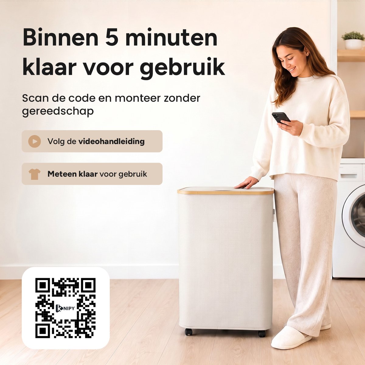 Wasmand 3 vakken op wielen - 160L Beige