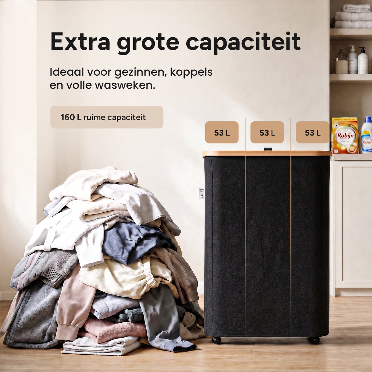 Wasmand 3 vakken op wielen - 160L Zwart