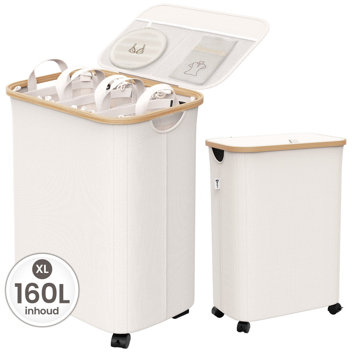 Wasmand 3 vakken op wielen - 160L Beige