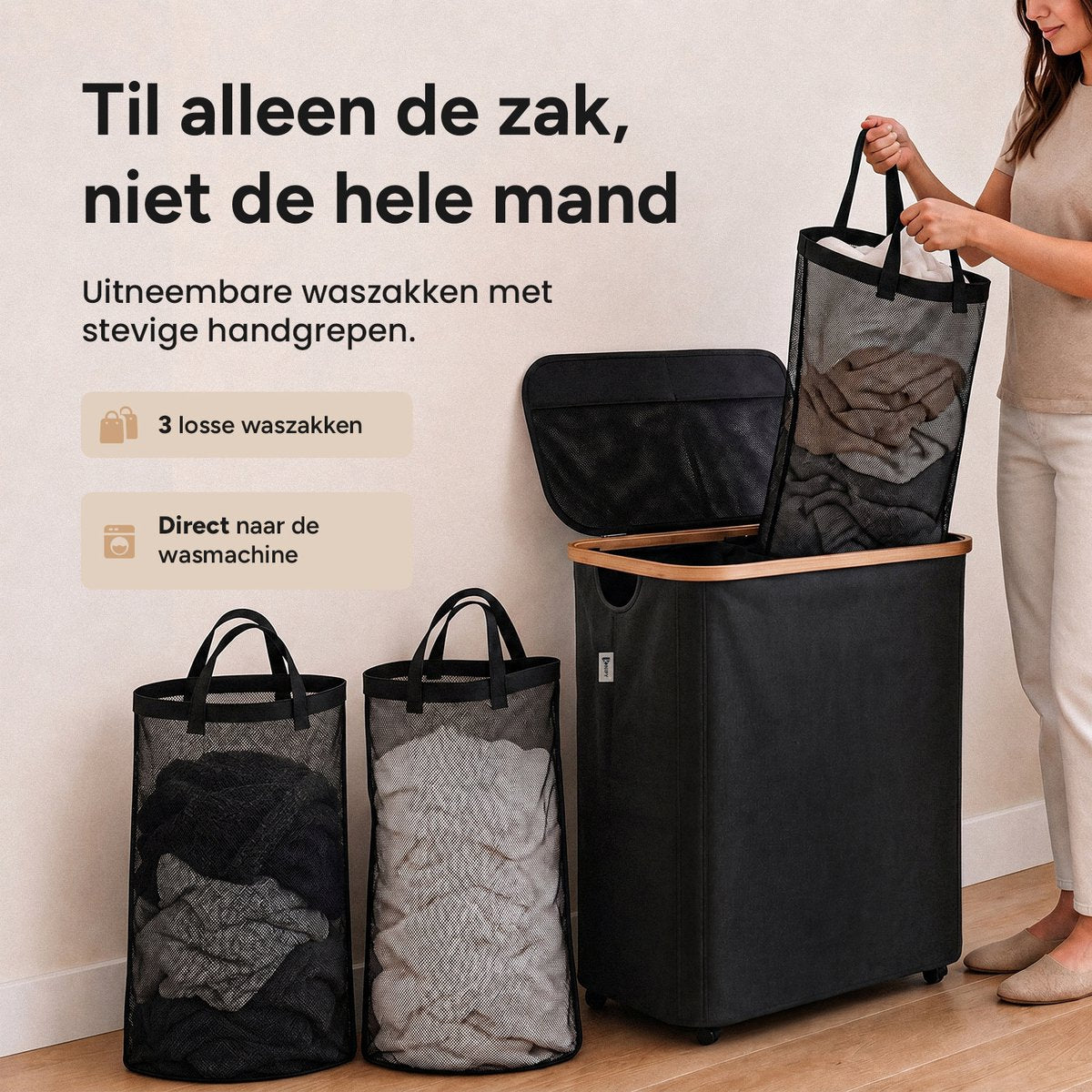Wasmand 3 vakken op wielen - 160L Zwart
