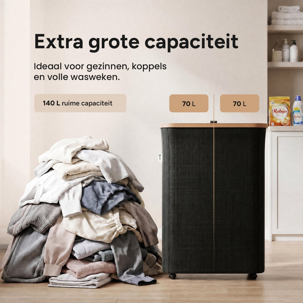 Wasmand 2 Vakken op wielen - 140L Zwart