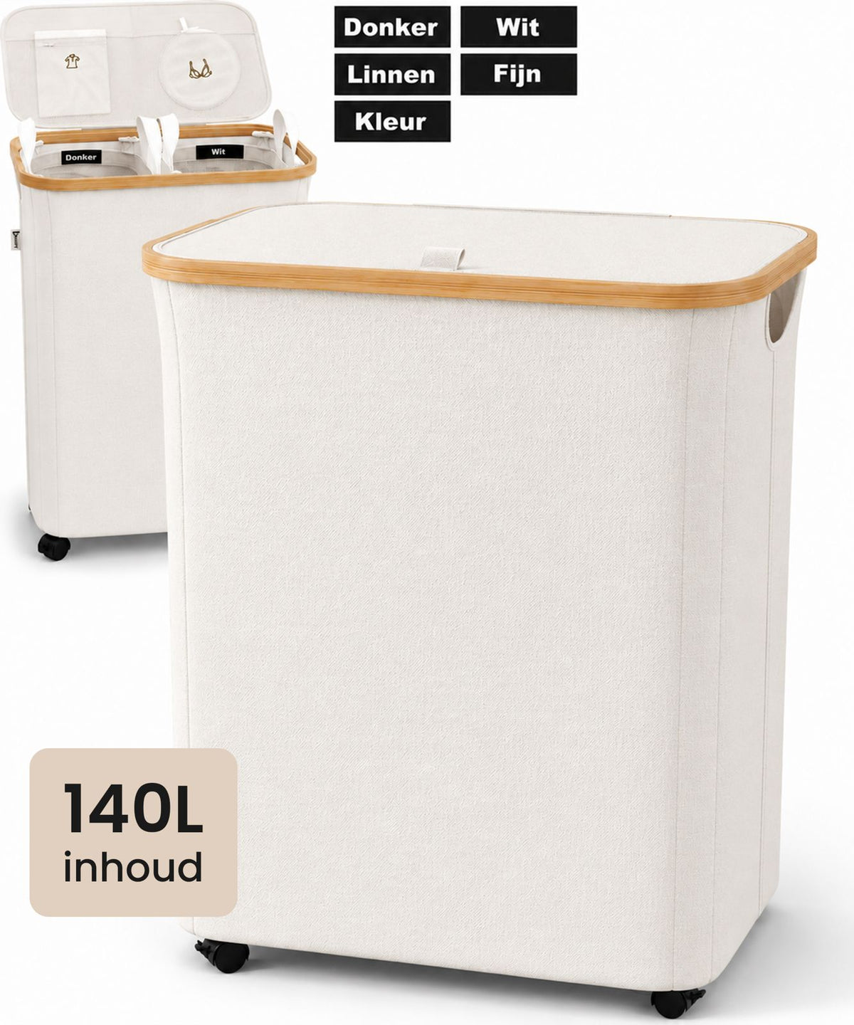 Wasmand 2 Vakken op wielen - 140L Beige