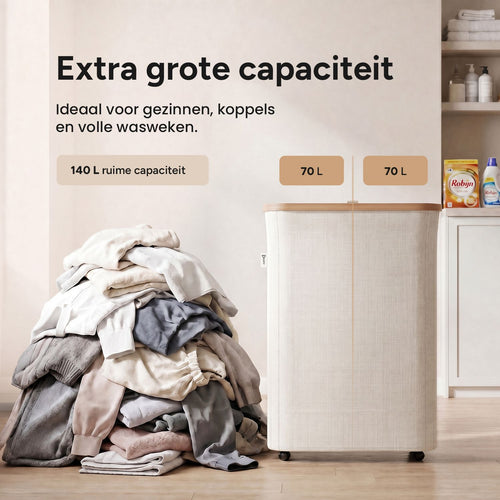 Wasmand 2 Vakken op wielen - 140L Beige