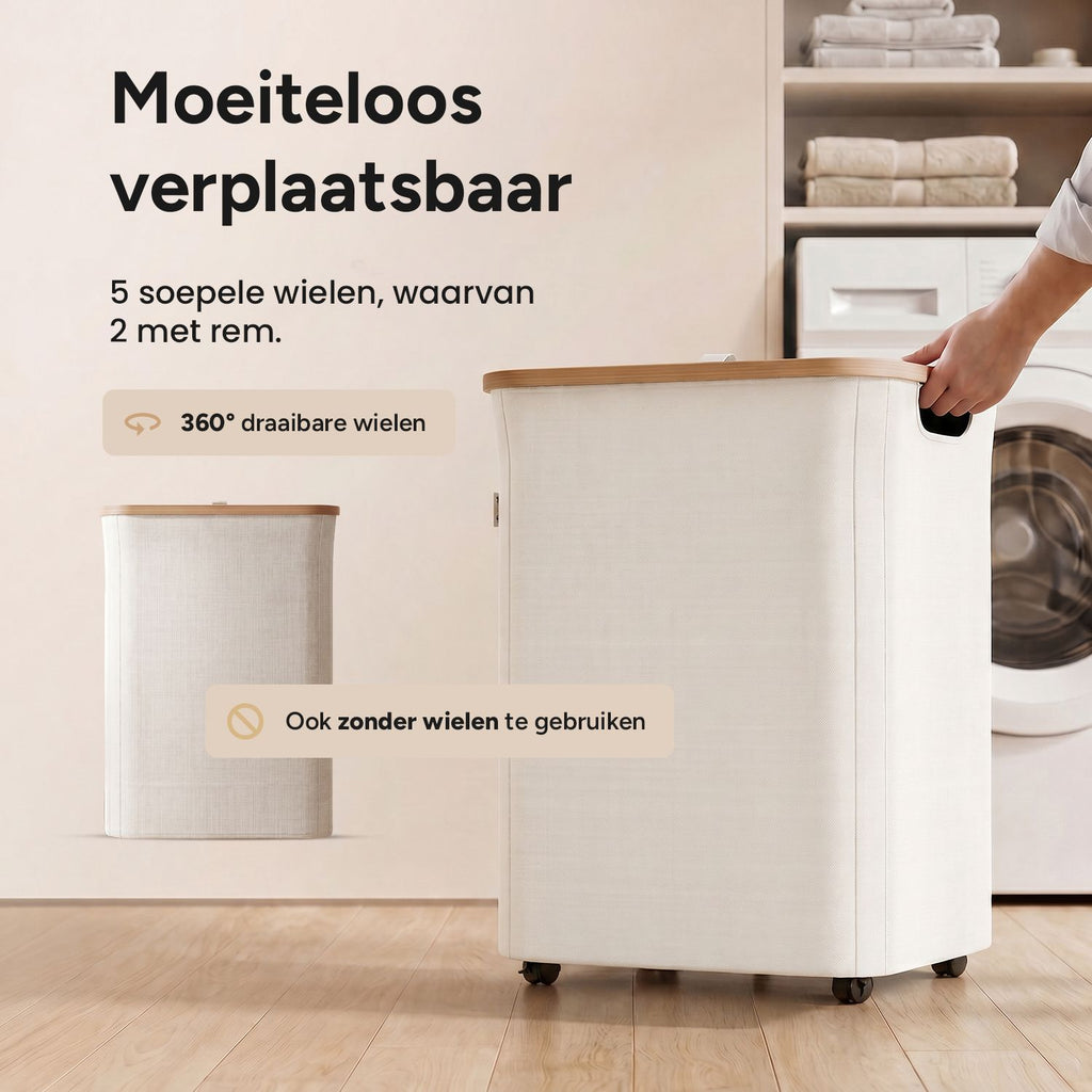 Wasmand 2 Vakken op wielen - 140L Beige
