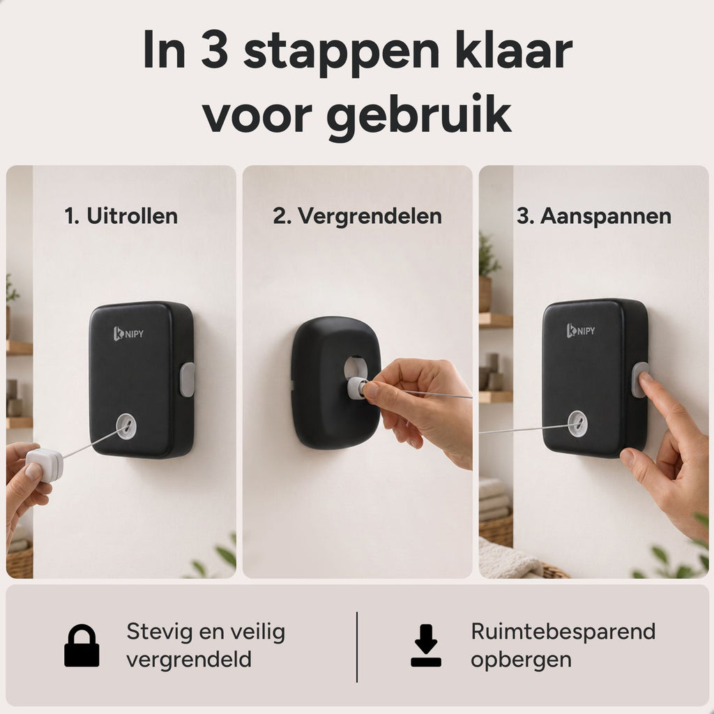 Uittrekbare waslijn - 4,3m Zwart